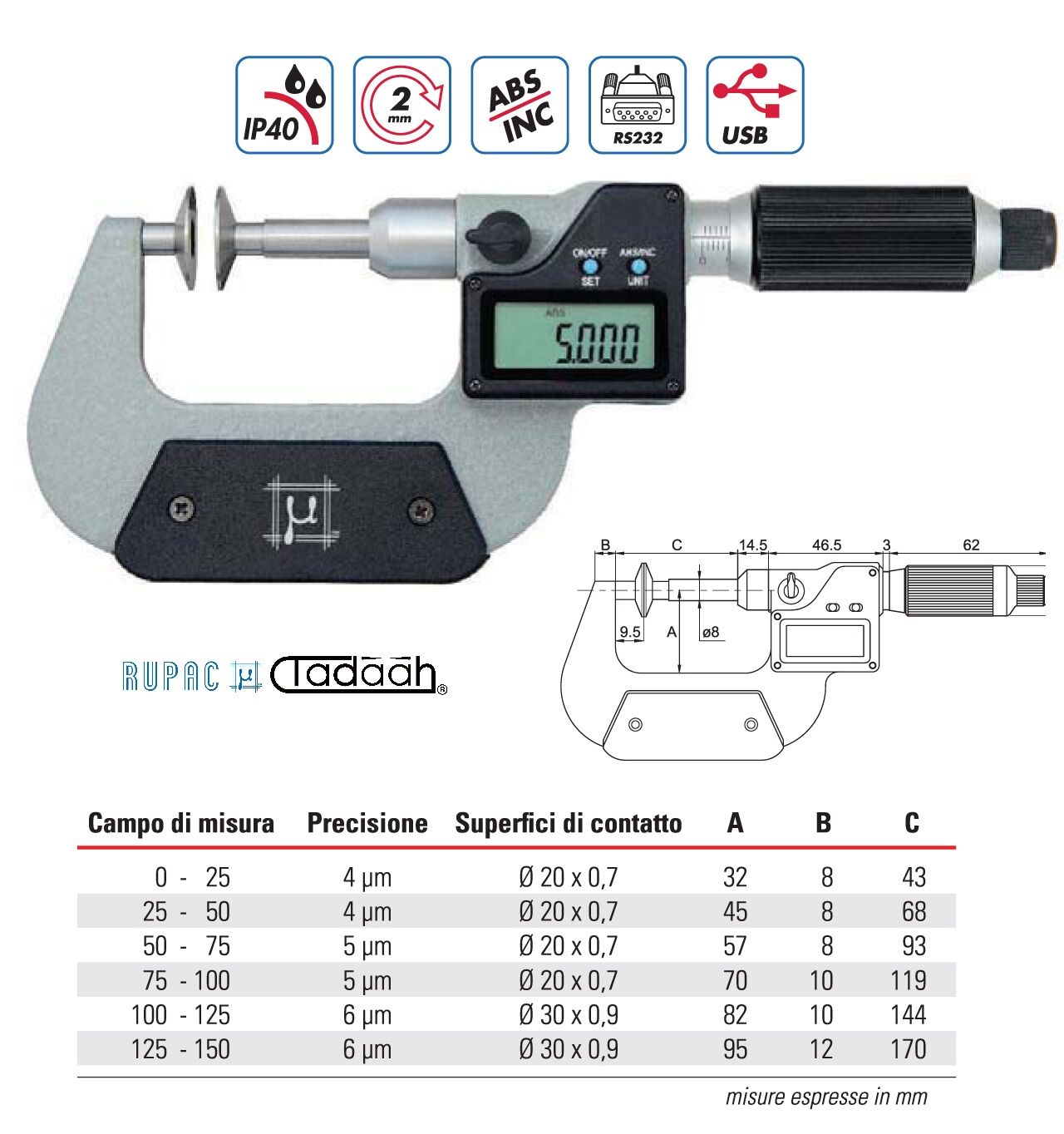 Digitale Bügelmessschraube mit flachen Oberflächen Serie Digitronic, schneller Vorlauf, nicht rotierender Schaft
