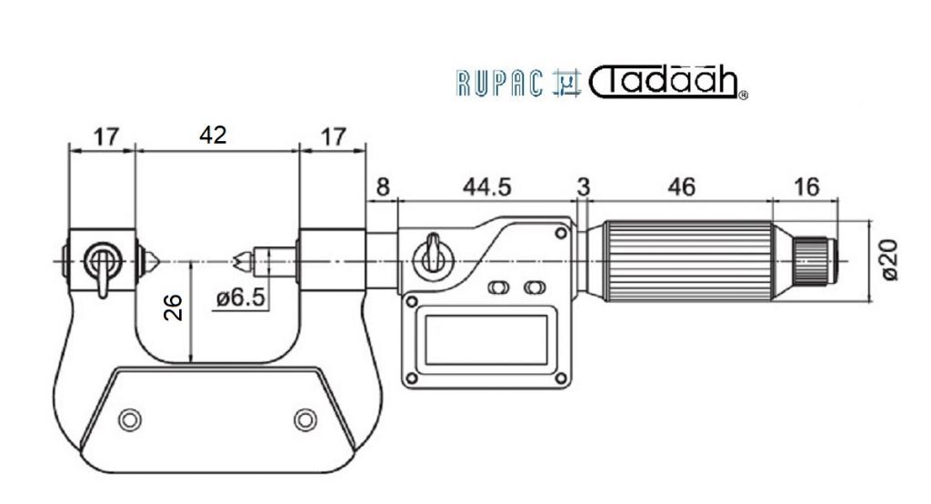 2394026 Rupac Micrometer millesimal for threads Digitronic Series fast feed, Range 0-25mm, IP65 with Measuring inserts