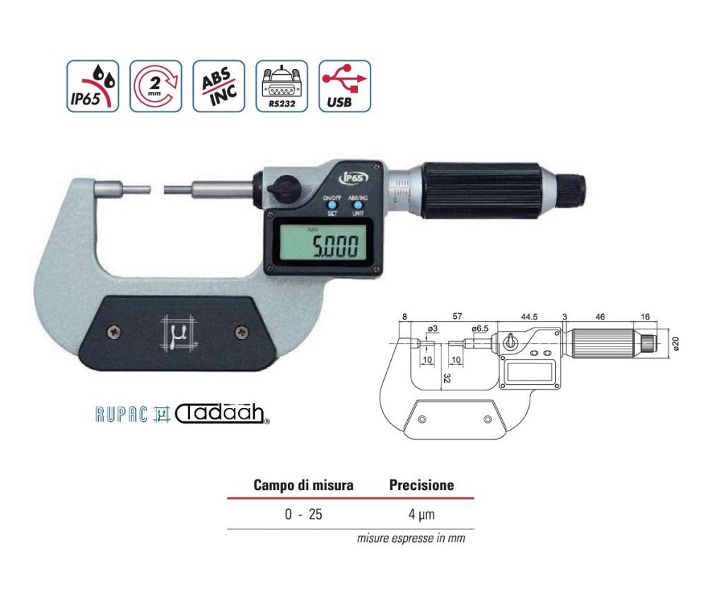 2395026 Digitale Bügelmessschraube mit verringerte Kontaktflächen Serie Digitronic, schneller Vorlauf