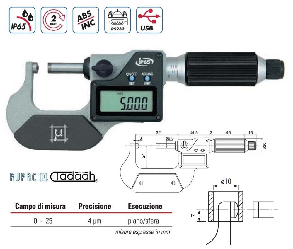 RUPAC 2397024 Digital micrometer for convex surfaces, Digitronic Series, with fast feed, flat/sphere execution - Measuring range 0-25mm