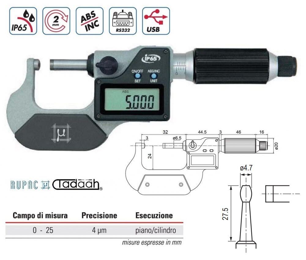 RUPAC 2397028 Digitale Bügelmessschraube für konvexe Oberflächen und zylindrischem Stahlkontakt, Serie Digitronic, mit Eilgang, flach/zylinder Ausführung - Messbereich 0-25mm