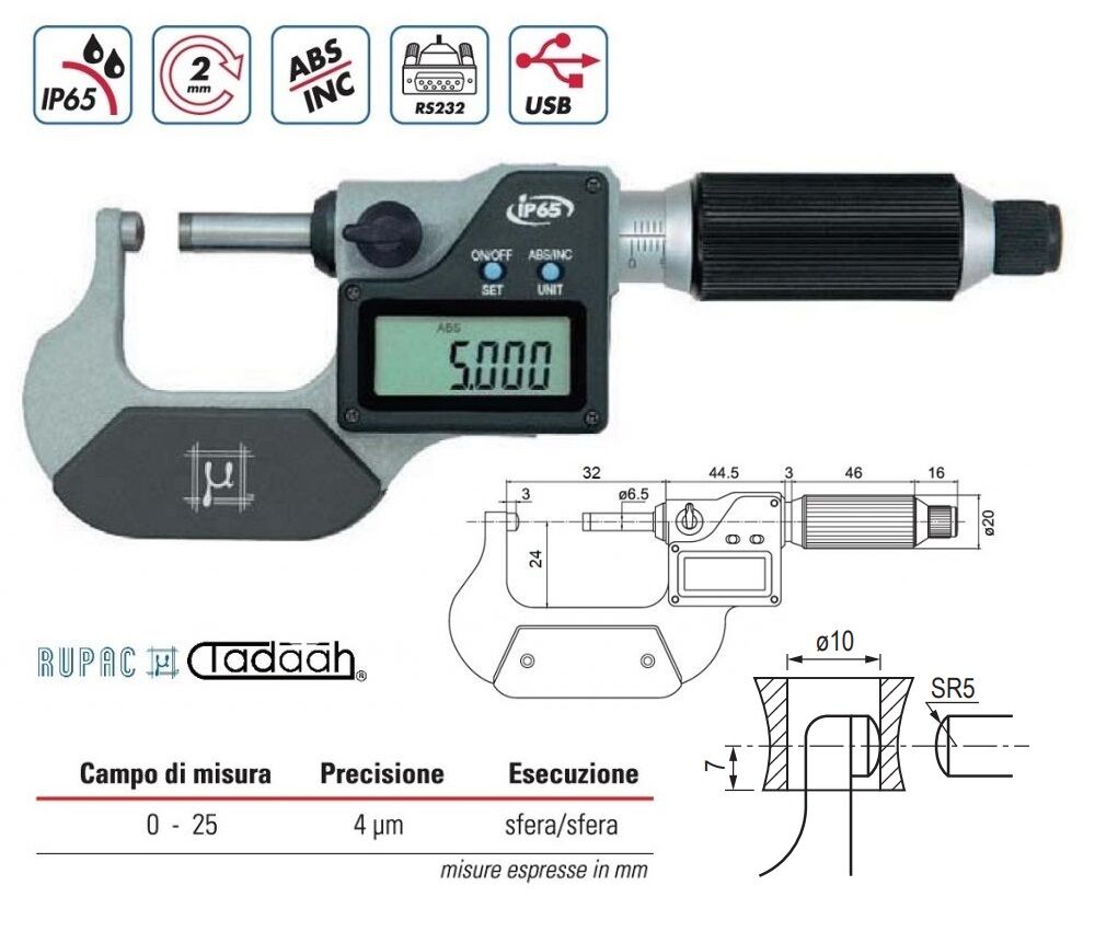 RUPAC 2397124 Digitale Bügelmessschraube für konvexe Oberflächen, Serie Digitronic, mit Eilgang, kugel/kugel Ausführung - Messbereich 0-25mm