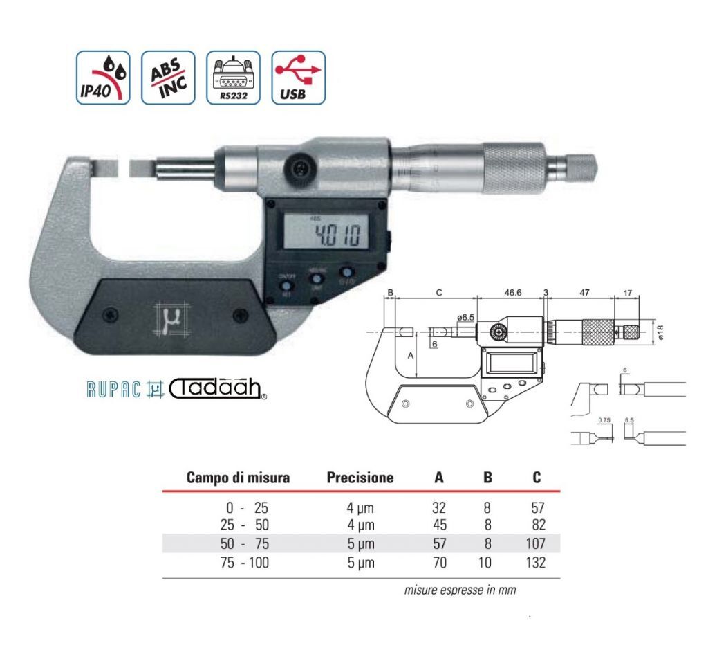 Digital micrometer for grooves Digitronic Series, with non-rotating stem