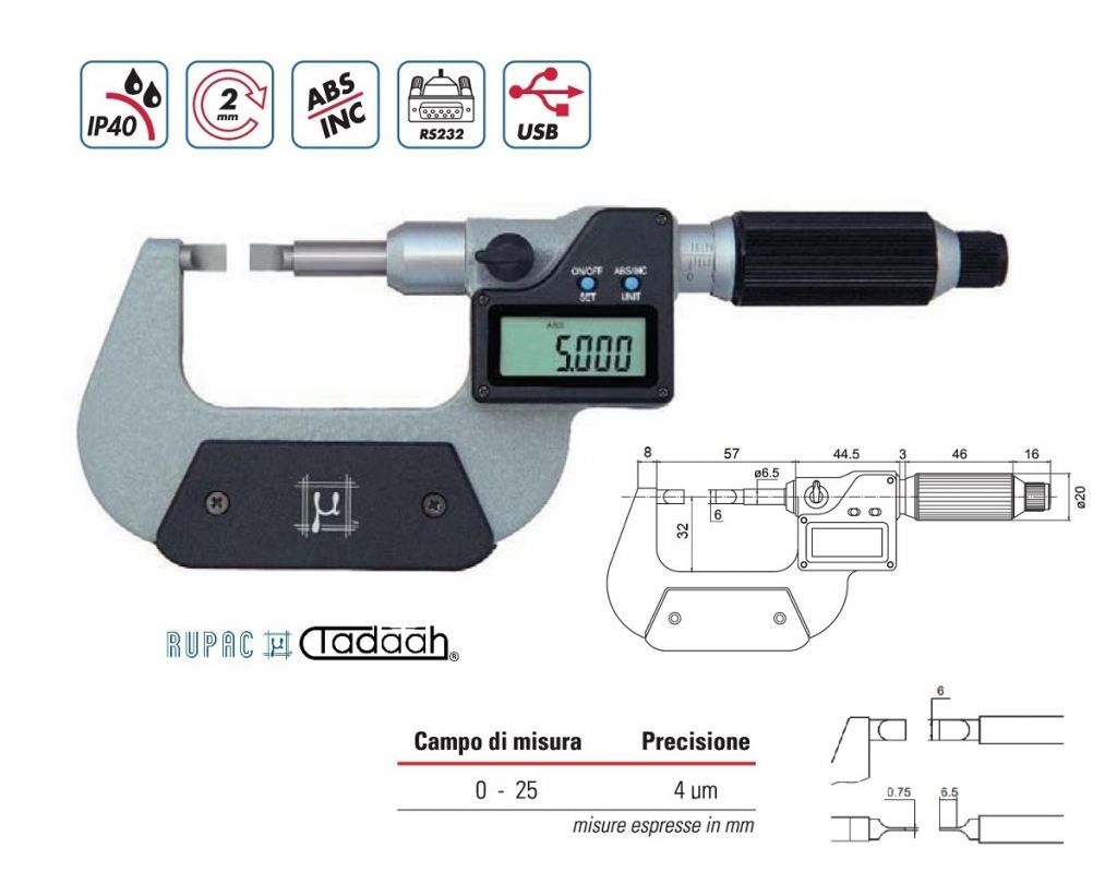 2398026 Digital micrometer for grooves Digitronic Series, fast feed, non-rotating stem