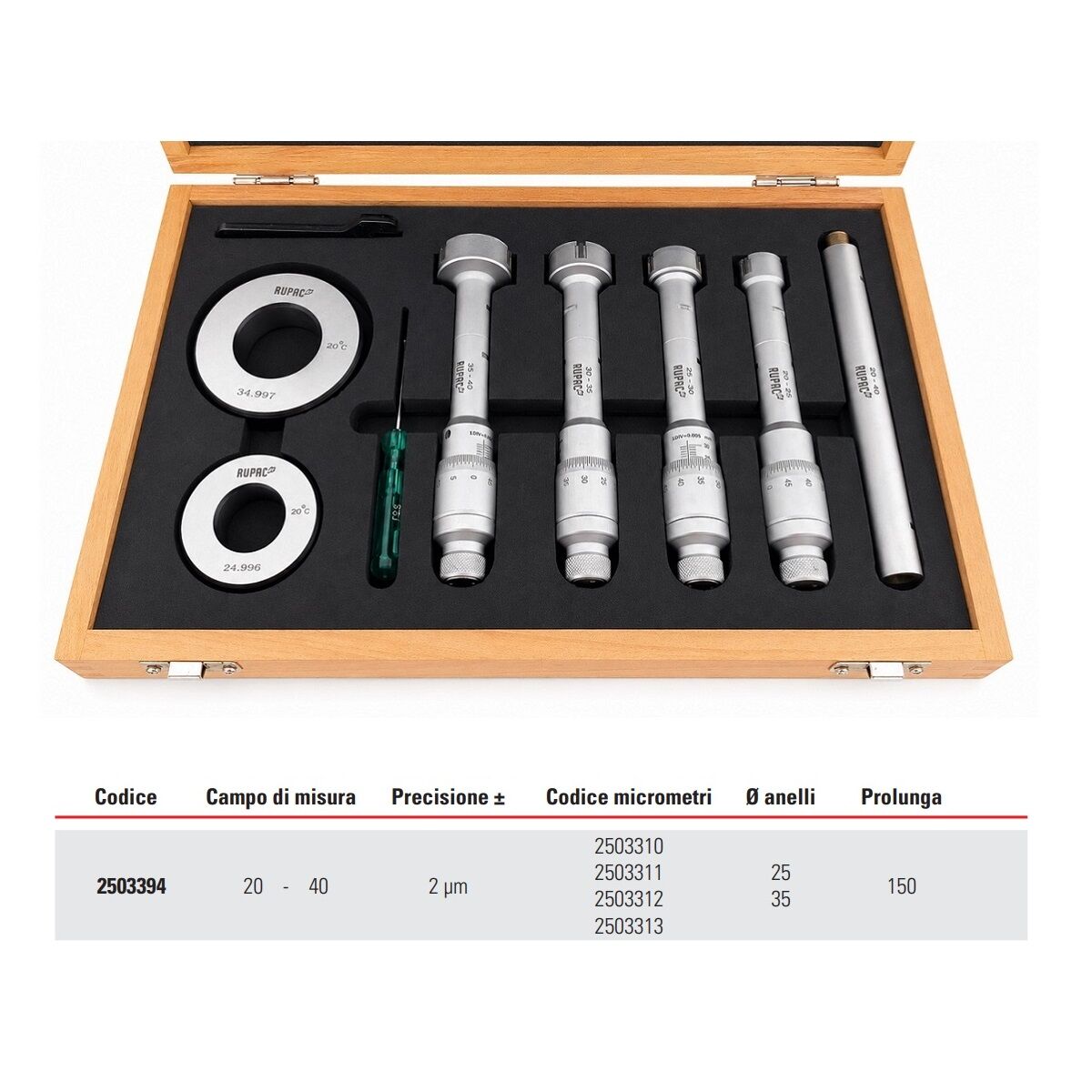 RUPAC 2503394 Info tecniche - Set di micrometri per interni millesimali a 3 punte Serie MicroMet PLUS, campo di misura 20-40mm