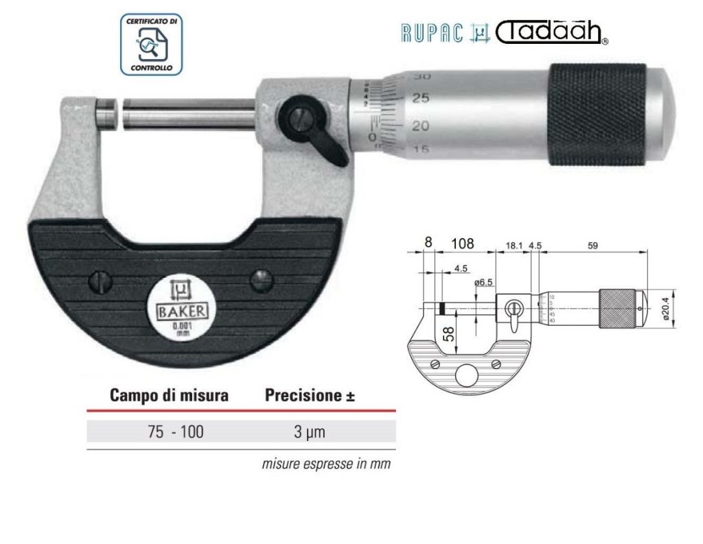 Micrometro per esterni Serie MicroMet PLUS, millesimale con nonio - 75-100 - 0.001