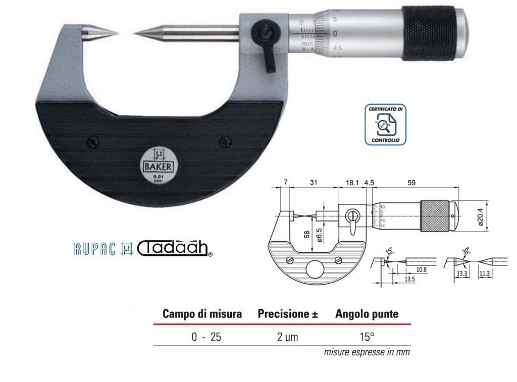 2556025 Bügelmessschraube mit konische Spitzen Winkel 15° Serie MicroMet PLUS