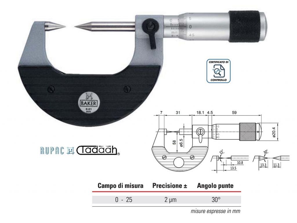 2556125 Micrometro con punte coniche angolo 30° Serie MicroMet PLUS