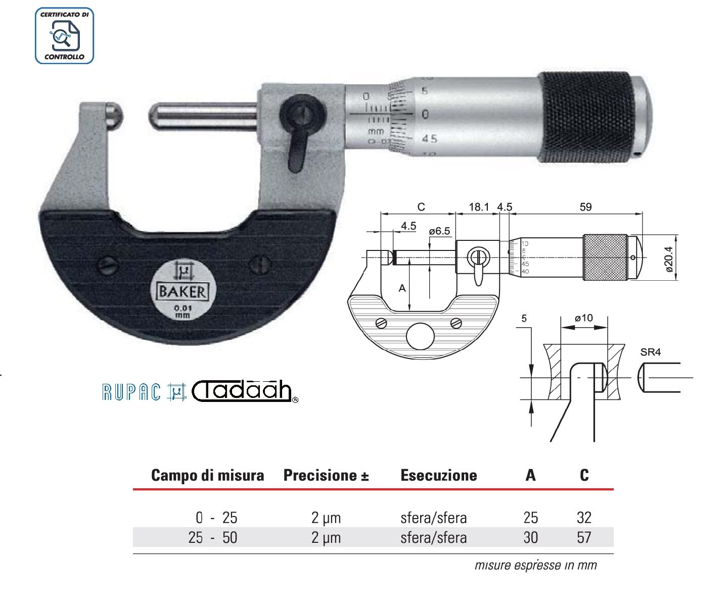 Micrometro per superfici convesse esecuzione sfera/sfera Serie MicroMet PLUS