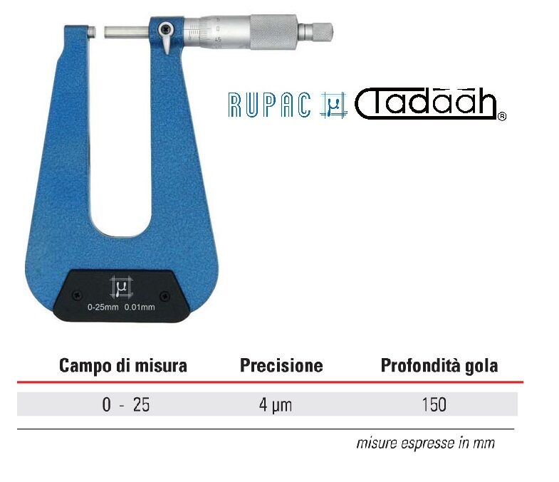 RUPAC 2757225 Micrometro centesimale con arco profondo 150mm, Serie MicroMet - Campo di musra 0-25mm