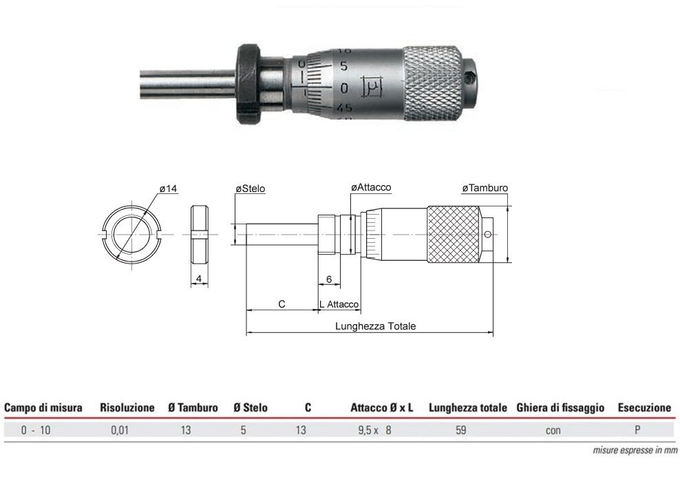 2771003 RUPAC Testina micrometrica centesimale, esecuzione piana Serie MicroMet, con ghiera di fissaggio, campo di misura 0-10mm