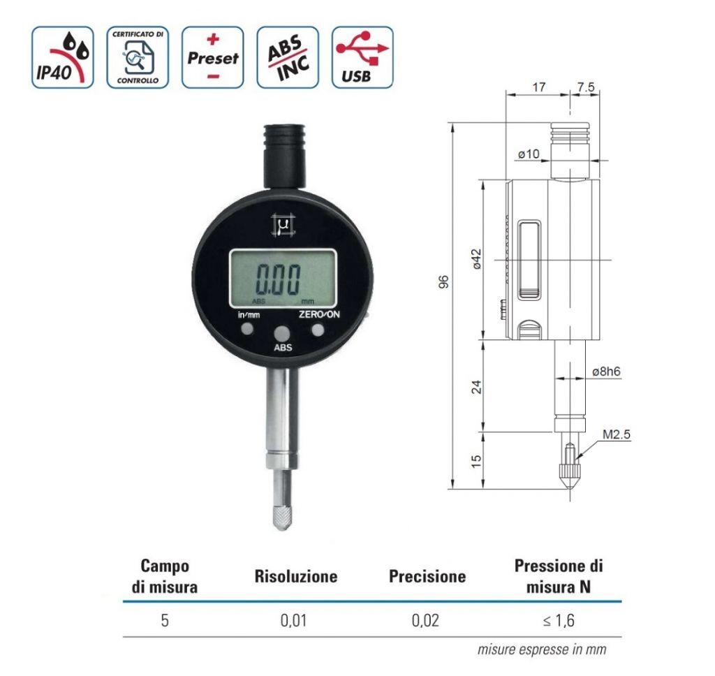 2959005 RUPAC Digital dial indicator with small dial Digitronic Series, measurement range 5mm, resolution 0.01, accuracy 0.02