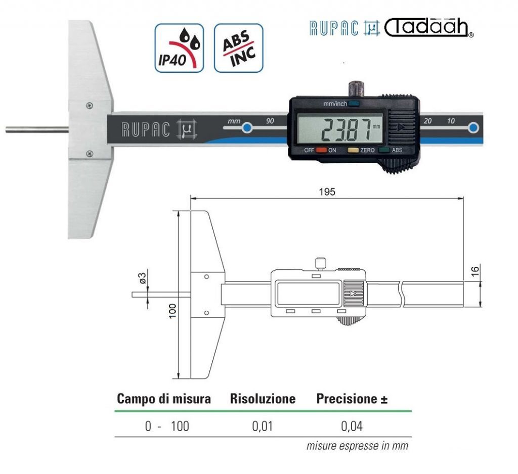 2992109 Calibro digitale di profondità Serie Digitronic, sezione asta Ø 3mm