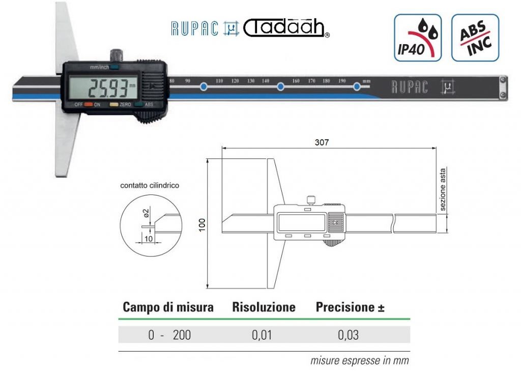 2992205 Digitaler Tiefenmesser Serie Digitronic, Zylindrischer Kontakt Ø 2 x 10 mm