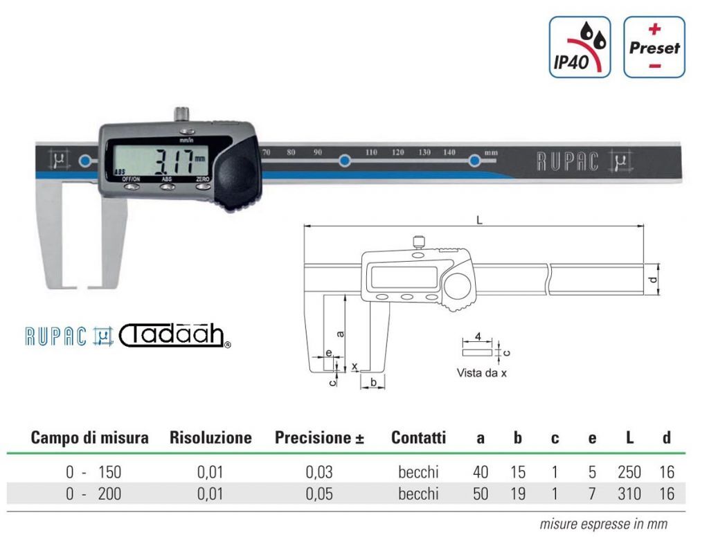 Digital Messschieber in Sonderausführung Serie Digitronic, für Aussenrillen mit flache Kontakten