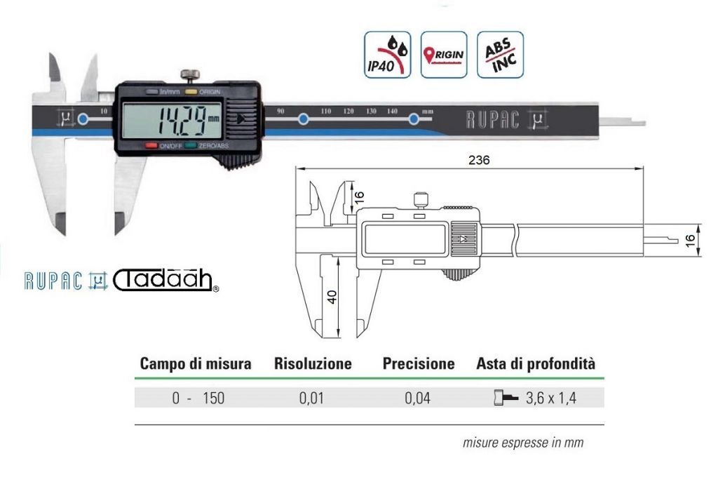 2996160 Calibro digitale Serie Digitronic, becchi per interni ed esterni riportati in metallo duro - Campo di misura  0-150mm - Asta di profondità 3,6x1,4 