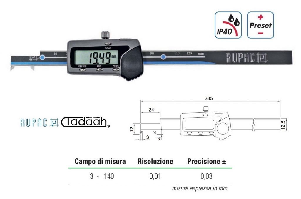 2996161 Rupac calibro digitale in esecuzione speciale per piccole cave con contatto a coda di rondine serie Digitronic, campo di misura 3-140mm, IP40