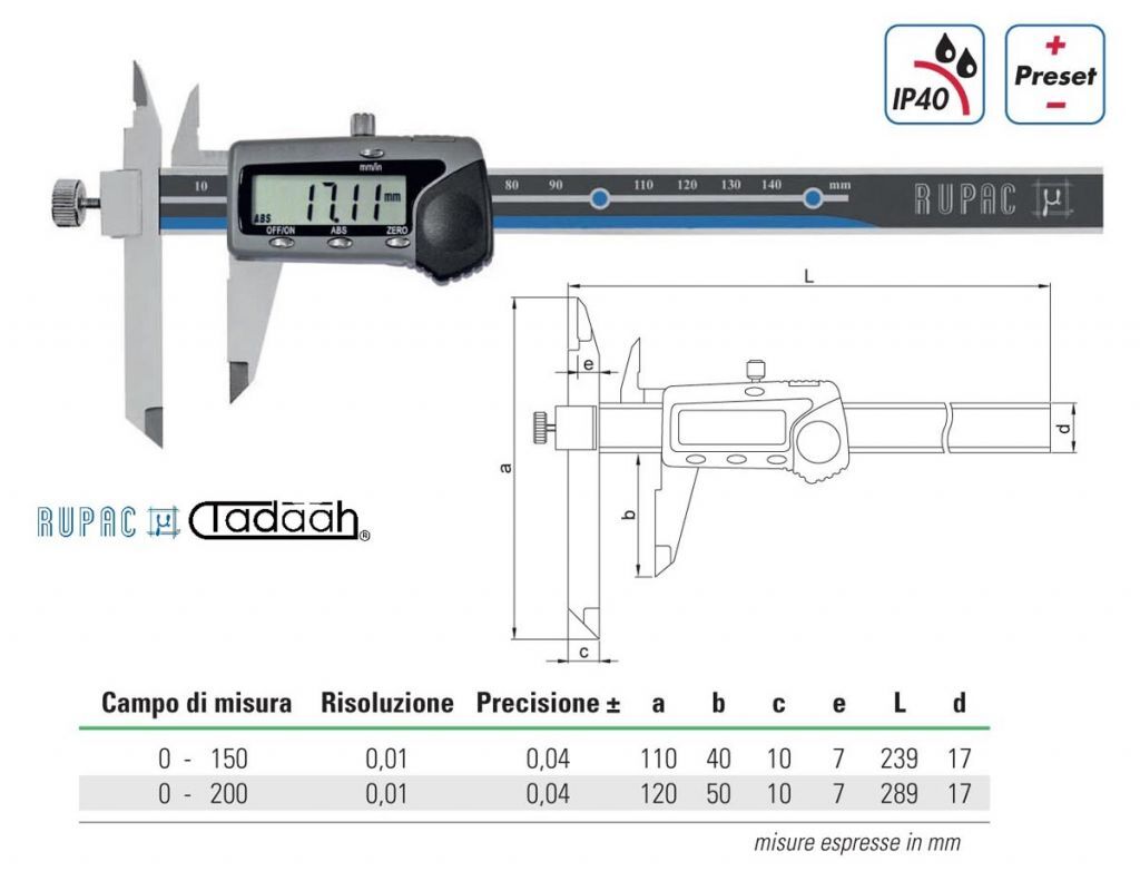 C2996163 RUPAC Digital Messschieber in Sonderausführung Serie Digitronic, mit verstellbarer Schnabel, Messbereich nach Wahl, IP40