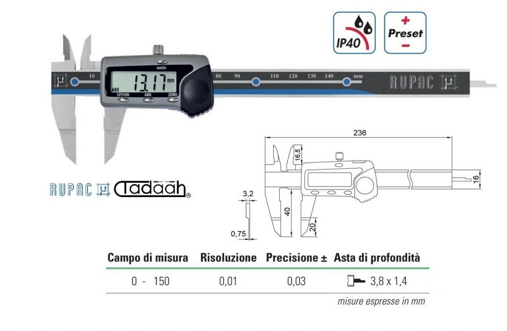 2996165 Calibro digitale in esecuzione speciale Serie Digitronic, con becchi a lama
