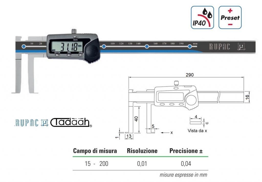 2996252 Rupac calibro digitale in esecuzione speciale per cave interne con contatti piatti serie Digitronic, campo di misura 15-200mm, IP40