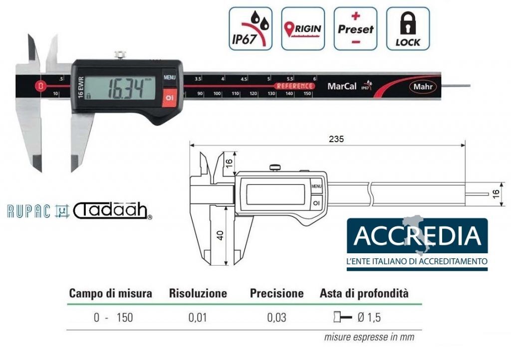 4103300C Digitales Messgerät Serie Mahr, mit Ø1,5 mm Tiefenmessstab mit Accredia-Zertifikat