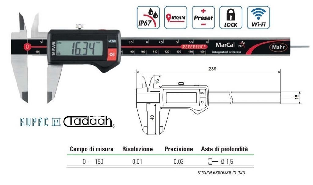 4103400 Digital Messschieber Serie Mahr, mit drahtloser Datenübertragung, Tiefenmessstab Ø1,5 mm