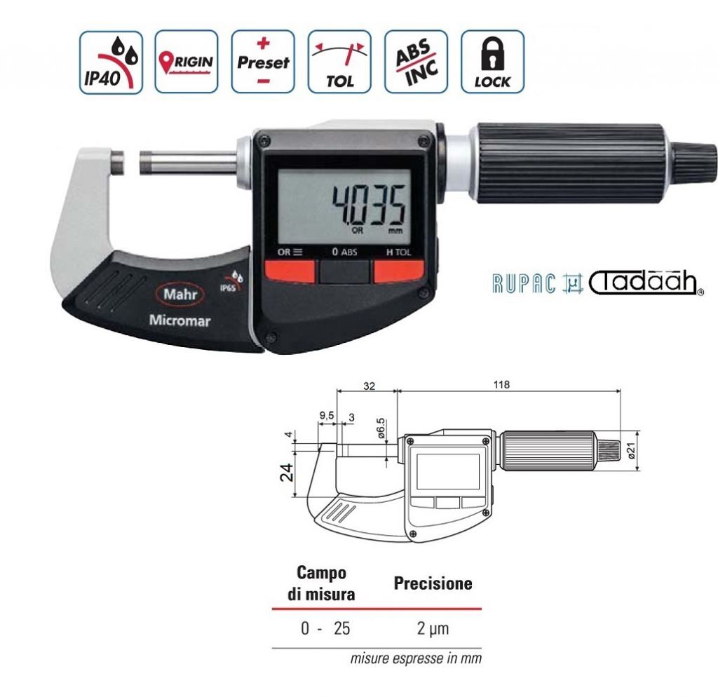 4157010 Micrometro per esterni digitale Serie Mahr, protezione IP40