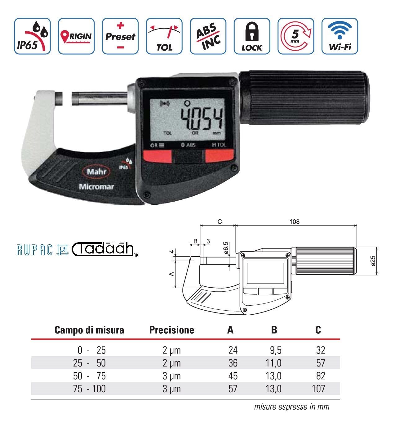 Digital external micrometer Mahr Series, fast feed and non-rotating stem