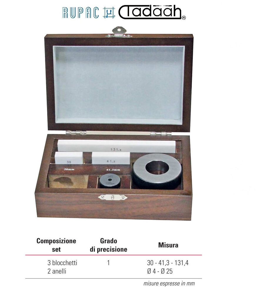 6061064 Set Special Acknowledgement Blocks, MicroMet Series to check callipers. RUPAC 6061064 Special Gauge blocks set for gauges control, MicroMet series, Ceramic blocks 30 - 41.3 - 131.4 mm, Rings diameter 4 - 25 mm