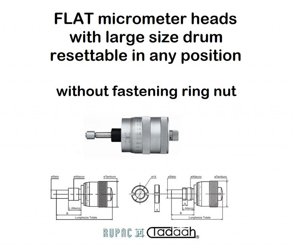 Flat micrometer head MicroMet Series, without fastening ring nut, with large size drum