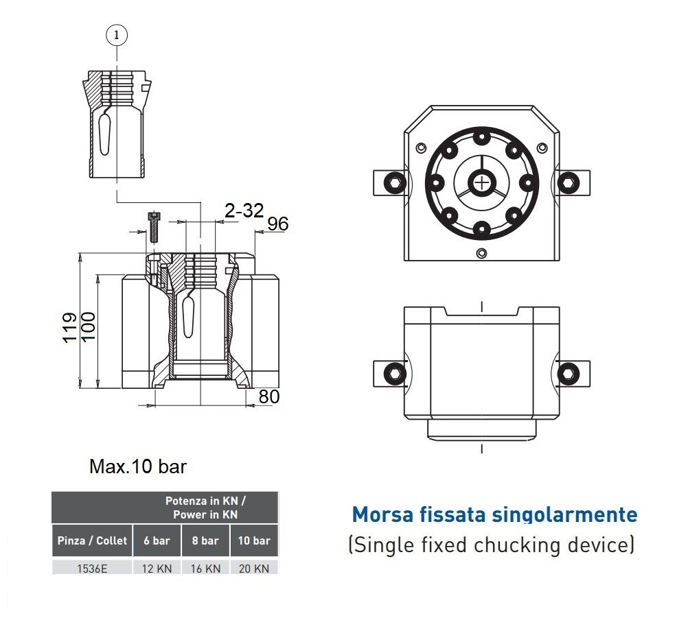 772142-101 Morsa pneumatica modulare per pinze stringibarra a compressione 1536E - F37-740 per bloccaggio pezzi su macchine da produzione, centri di lavoro, transfer e trapani