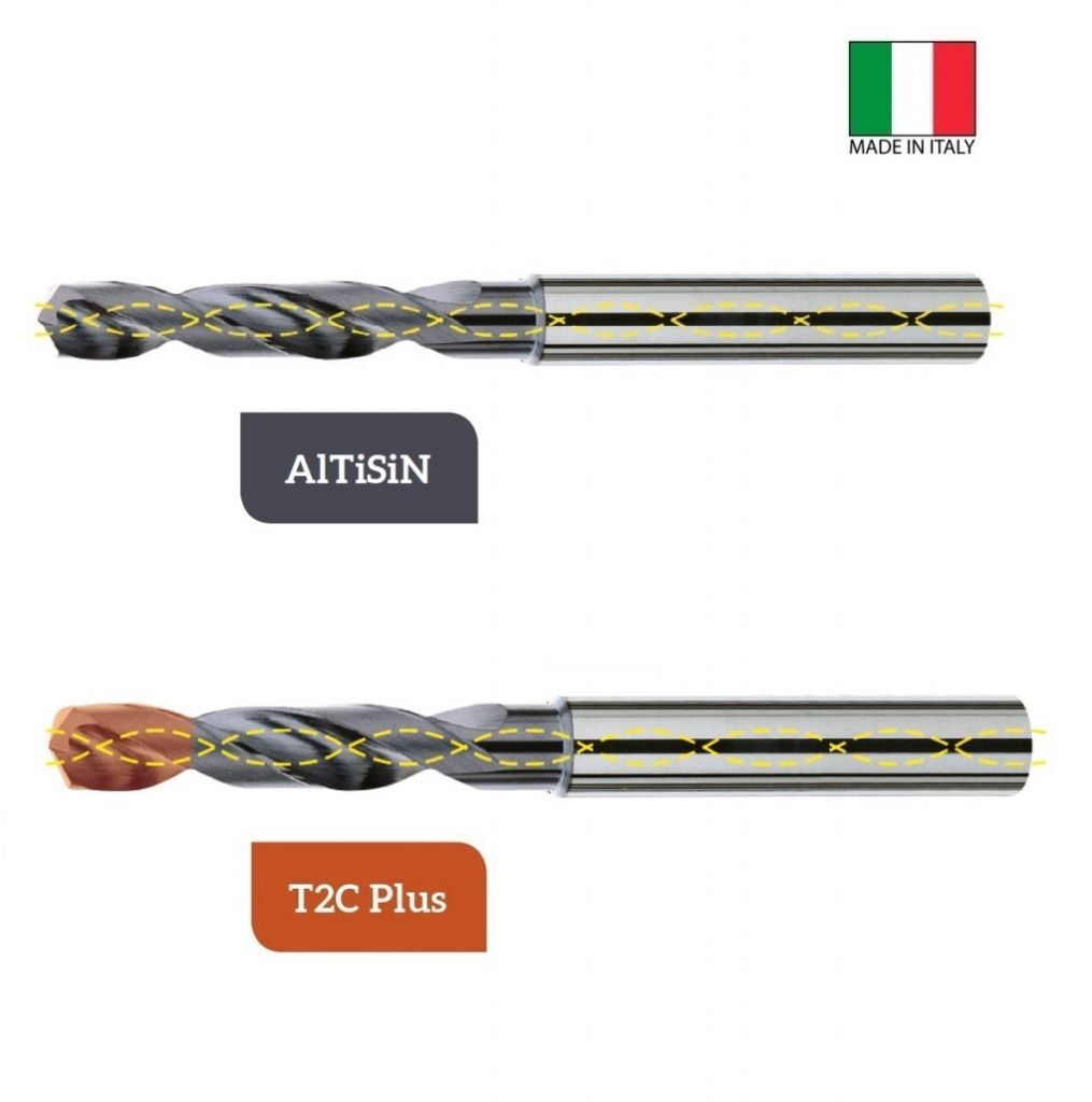 THP2.923ST-DC Punte elicoidali in metallo duro da  Ø3.0 a  Ø20.0 ad alte prestazioni, a due taglienti con fori di lubrificazione, gambo cilindrico, profondità di foratura pari a 3xØ, rivestita in AlTiSiN o T2C Plus