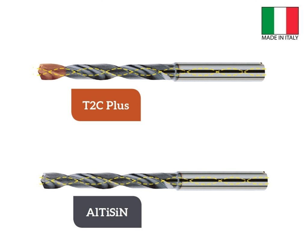 THP2.920ST-DC Punte a elica in metallo duro da Ø3.0 a Ø20.0 ad alte prestazioni, a due taglienti con fori di lubrificazione, gambo cilindrico, profondità di foratura pari a 5xØ, rivestite in AlTiSiN o T2C Plus