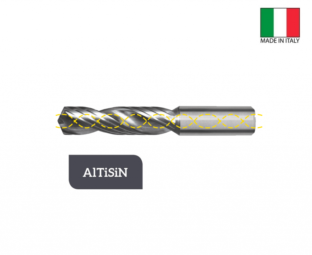 THSR-2.920 Punte foro e alesa H7 elicoidali da Ø3.0 a Ø12.0 con fori di lubrificazione a due taglienti, gambo cilindrico 5xØ, rivestite AlTiSiN