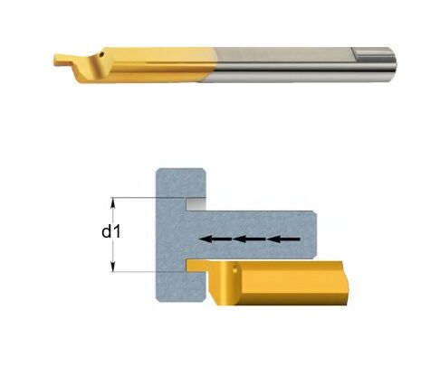 MFL Micro Bareni destri per scanalatura frontale per esecuzione gole aventi ingombri esterni frontale con esecuzione all'interno del foro Tiny Tools Carmex in metallo duro non rivestito K20, rivestito BXC o BMK, scegliere d1 e L1
