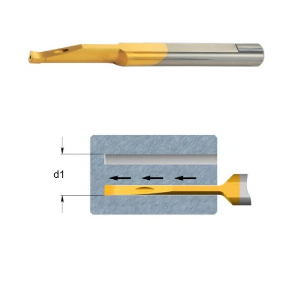MVR Micro Bareni destri per scanalatura frontale profonda con partenza da faccia piena Tiny Tools Carmex in metallo duro non rivestito K20, rivestito BXC o BMK, selezionare la dimensione d1 per il foro e L1 per la profondità