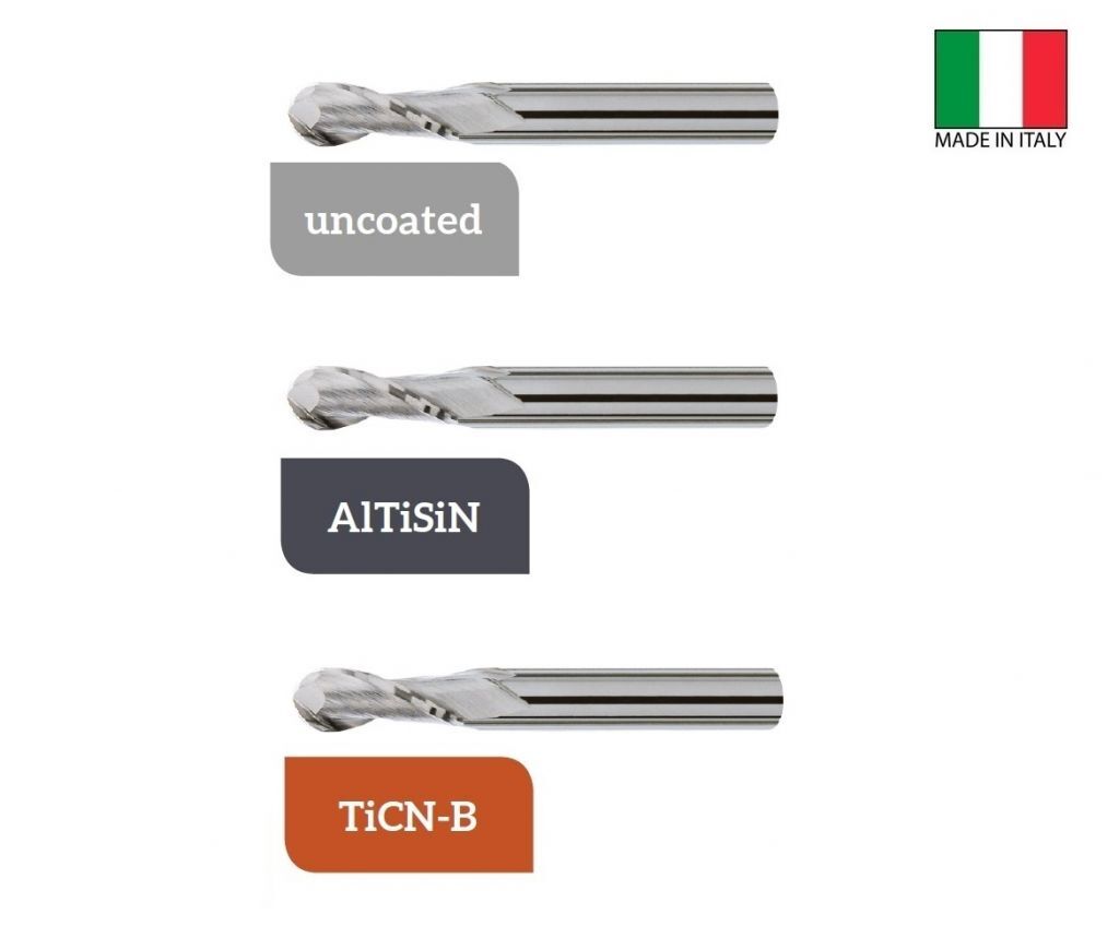 TM-3.2R Frese elicoidali sferiche in metallo duro da Ø2.0 a Ø20.0 a due taglienti taglio al centro, gambo cilindrico DIN 6535 HA - Non rivestite/rivestite AlTiSiN o TiCN-B