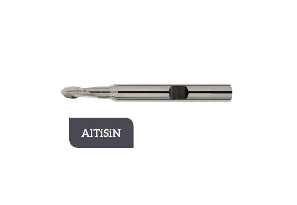 TM-3.2RW-1000L Carbide spherical helical end mill Ø10 with two cutting edges, center cutting, with cylindrical shank DIN 6535 HB, coated with AITiSiN
