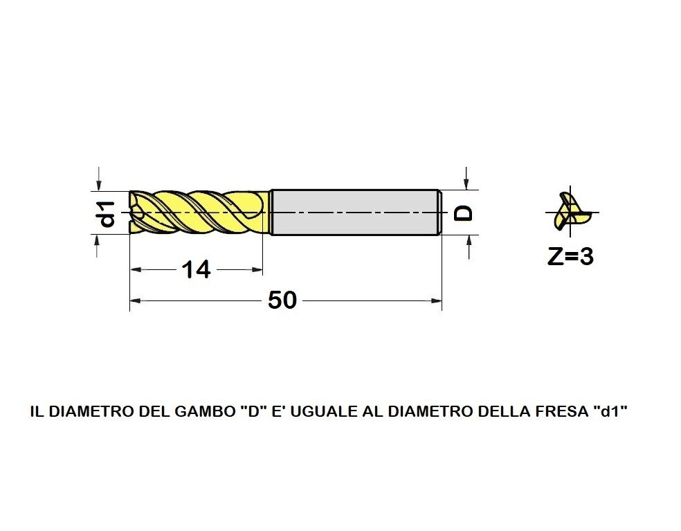 TM-3.3-0450L Fresa elicoidale in metallo duro Ø4.5 a tre taglienti taglio al centro, gambo cilindrico DIN 6535 HA, rivestita AlTiSiN