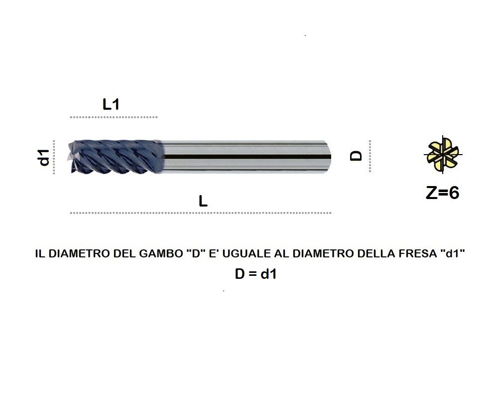 TM-H.545XL Fresa cilindrica multidenti Z=6 per finiture ad alta velocità - da Ø6.0 a Ø20 - DIN 6527 L, rivestita AluCroN
