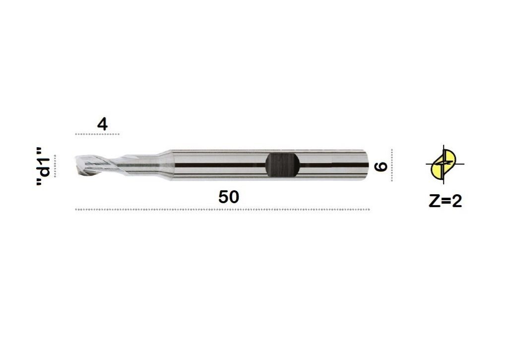 TM-3.2W-0250 Fresa elicoidale in metallo duro Ø2.5 a due taglienti taglio al centro con gambo cilindrico DIN 6535 HB