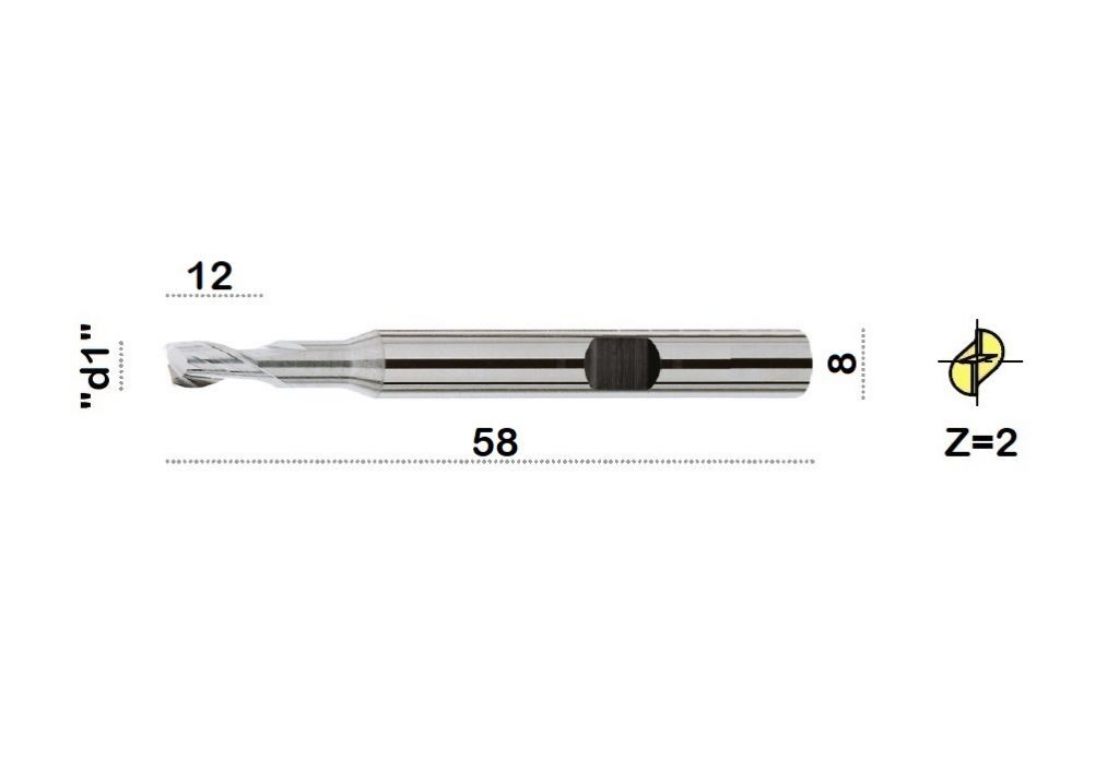 TM-3.2W-0800 Hartmetall Helixfräser Ø8 mit zwei Schneiden, Mittelschneiden, mit zylindrischem Schaft DIN 6535 HB