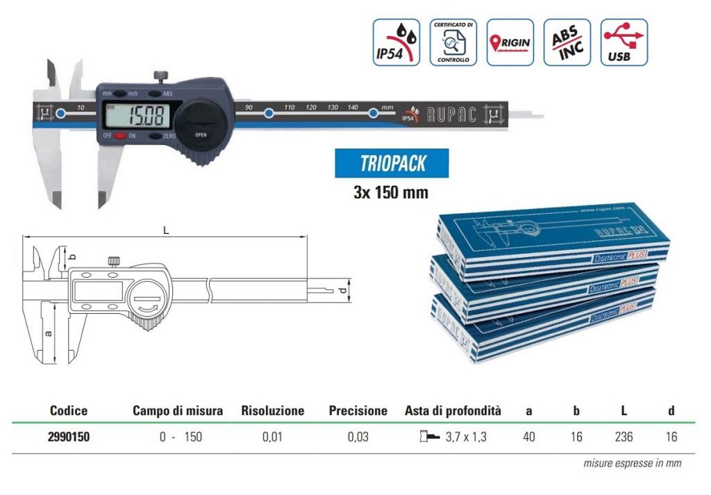 TRIOPACK54 RUPAC Kit mit 3 "High Quality" IP54 Digitalmanometern der Serie Digitronic Plus, Messbereich 0-150mm