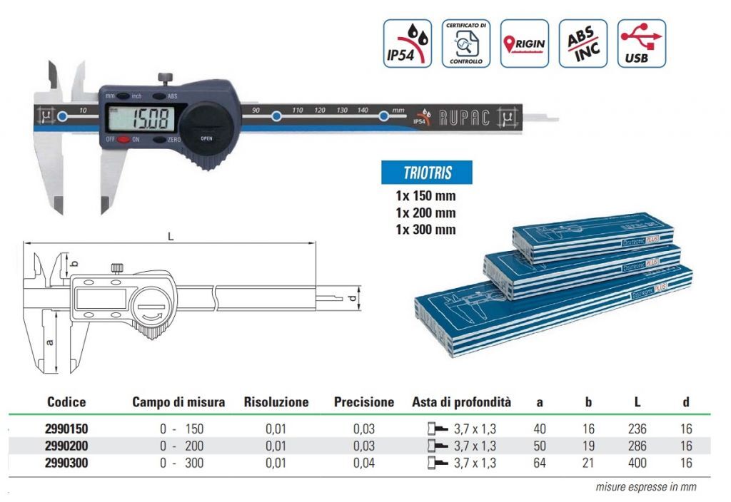 TRIOTRIS54 RUPAC Kit of 3 "High Quality" IP54 digital gauges Digitronic Plus series, measuring range 0-150/200/300mm