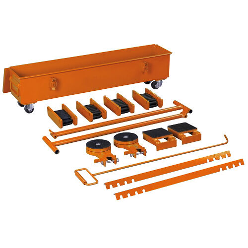 UNICRAFT 6195020 - Rollenskid-Bausatz mit 20t Tragfähigkeit, Bausatzzusammensetzung: 4 Transportrollen, 2 Drehkränze, 2 Stabilisatoren, 2 Verbindungsstangen, 2 Lenkstangen, 1 Deichsel und 1 Metallbox mit Rädern und Griffen