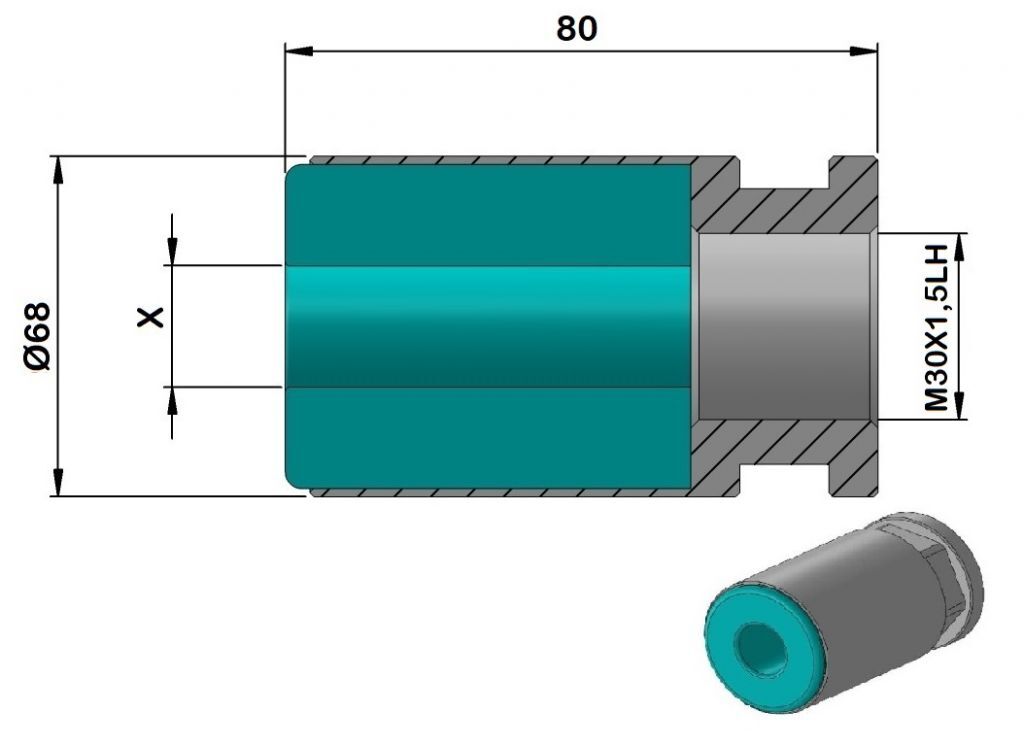 PCCHP68 Plastic bar feed collet for Cucchi Pietro Loader, left thread for PB68 - M30x1.5 LH