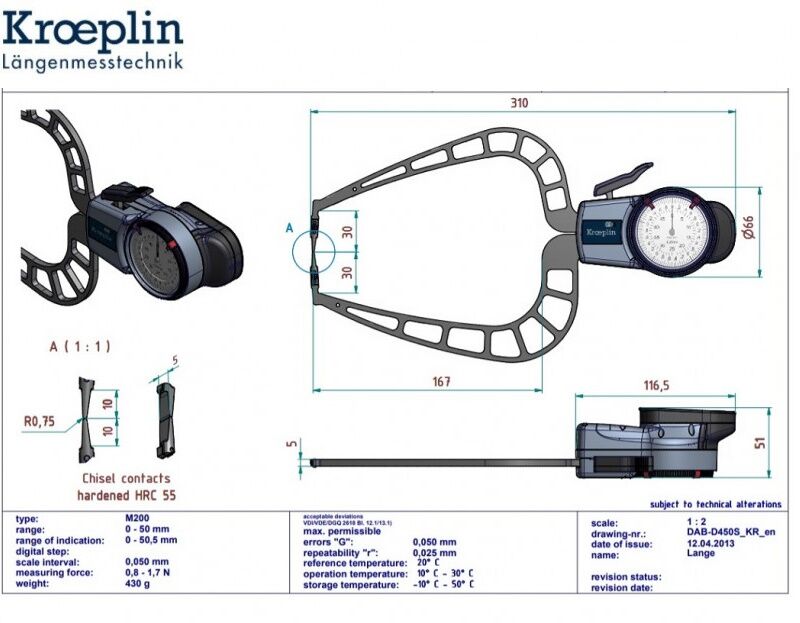 KROEPLIN 446.975 Comparatore analogico per esterni Modello D450S, campo di misura 0-50 mm, lunghezza braccio 167 mm, IP65