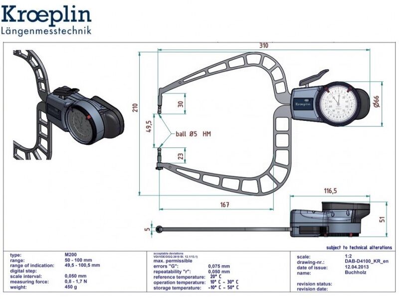 KROEPLIN 446.978 Comparatore analogico per esterni Modello D4100, campo di misura 50-100 mm, lunghezza braccio 167 mm, IP65