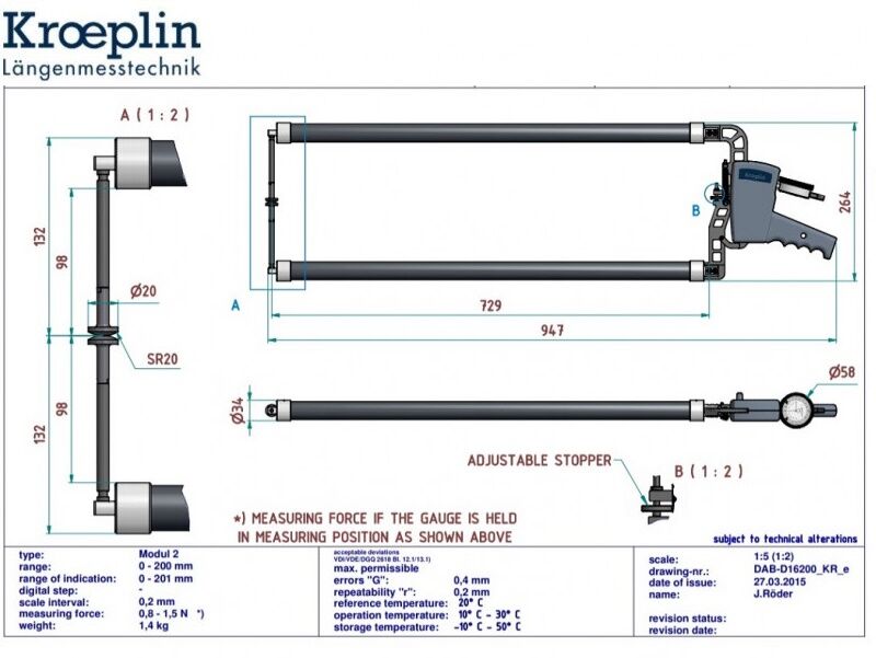 KROEPLIN 449.705N Comparatore analogico per esterni Modello D16200, campo di misura 0-200 mm, lunghezza braccio 729 mm