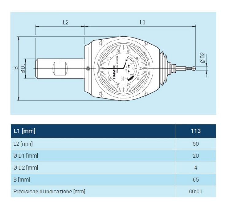 975.001 Centratore 3D a comparatore Centro FH - attacco dia.20mm, L=163mm, quadrante comparatore dia.60mm, IP67